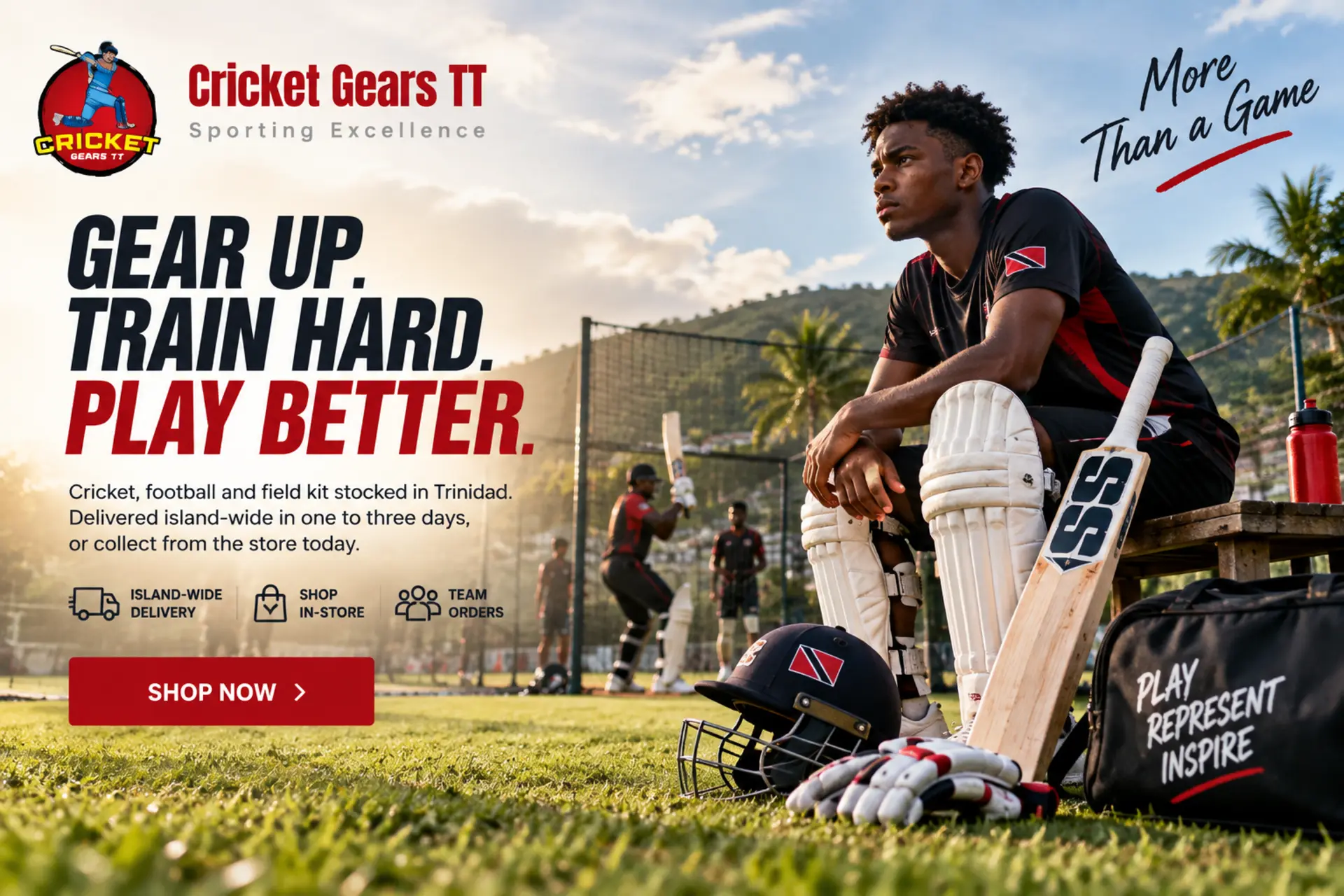 Gear up. Train hard. Play better. Cricket, football and field kit stocked in Trinidad, delivered island-wide in one to three days or collect from the store today.